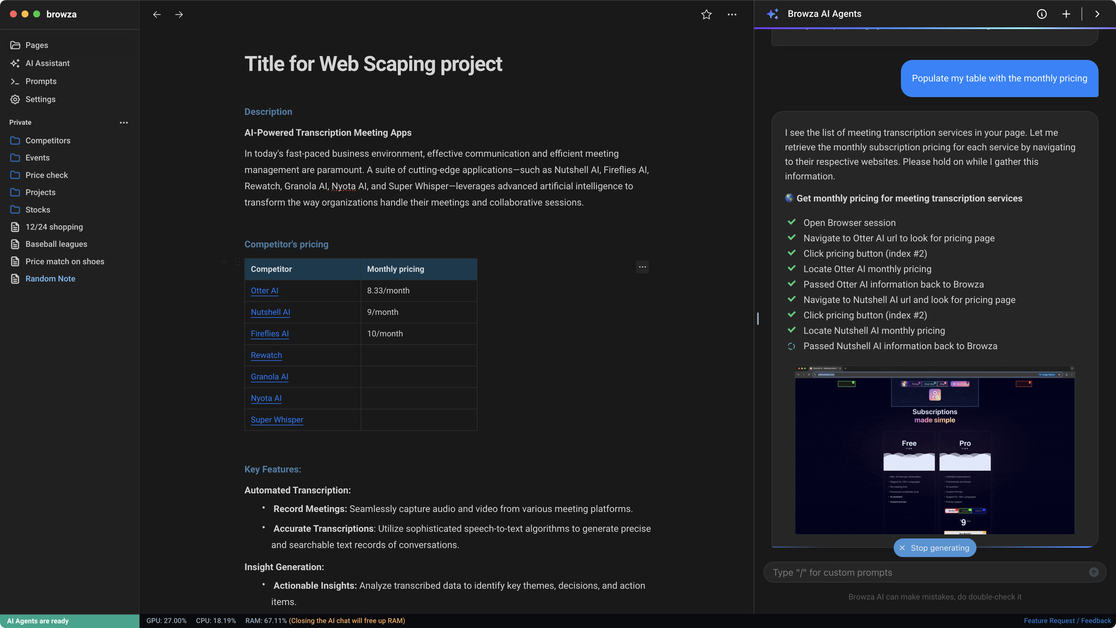 image to show the browza ai product to scrape websites and take notes